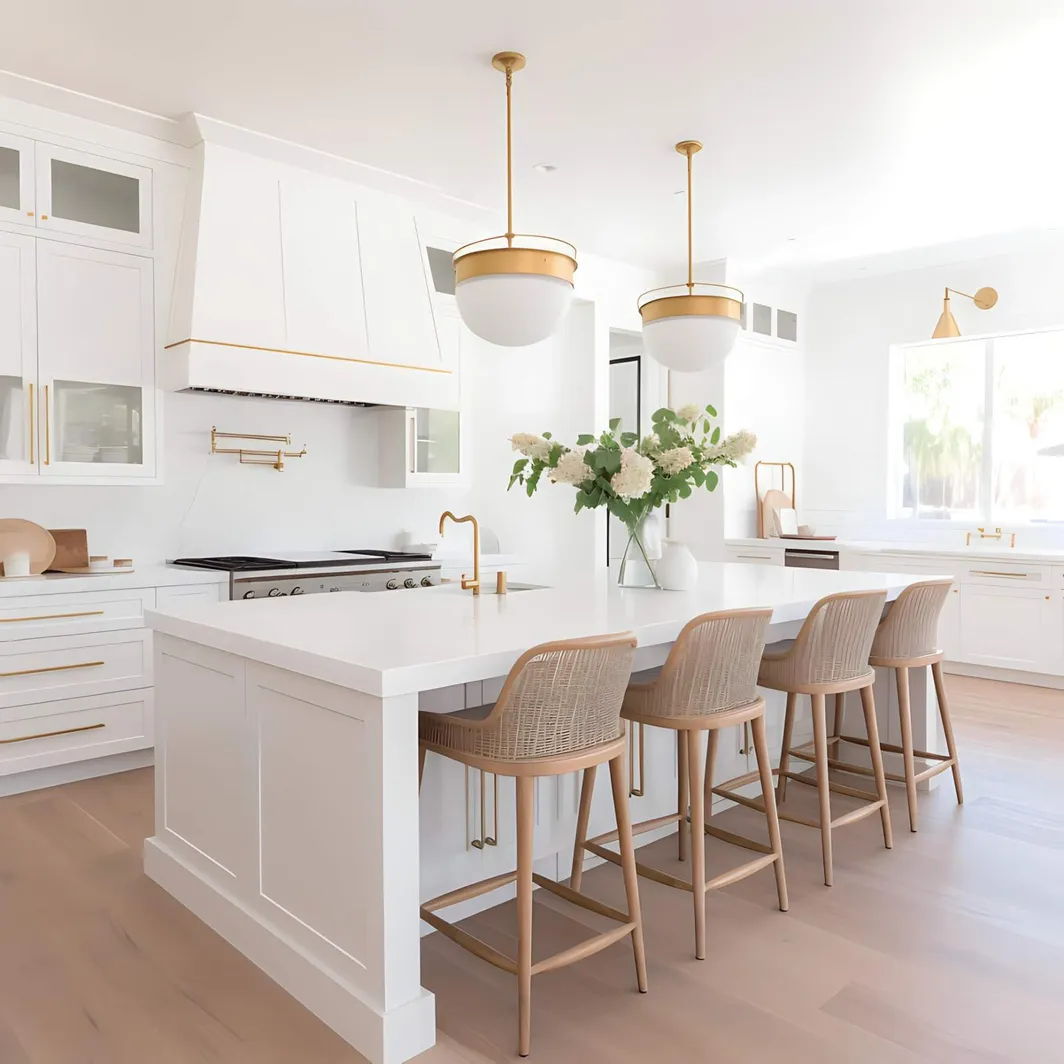 Bright kitchen with white cabinetry and warm brass lighting, from Jolie’s listing presentation