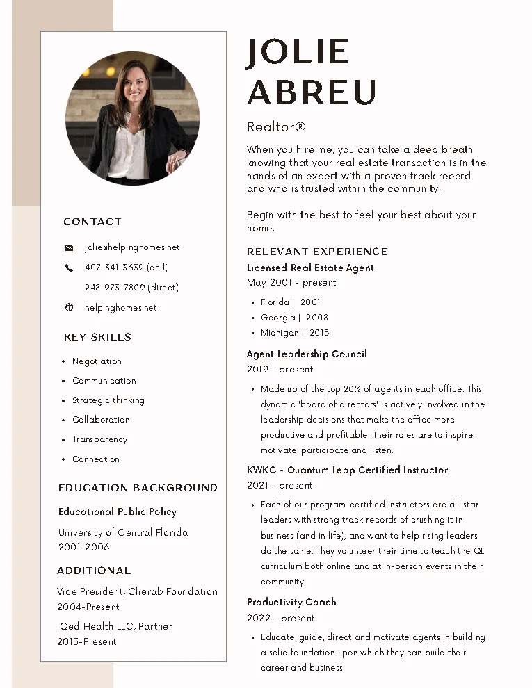 Preview of Jolie Abreu’s one-page résumé; a full PDF is available to view or download